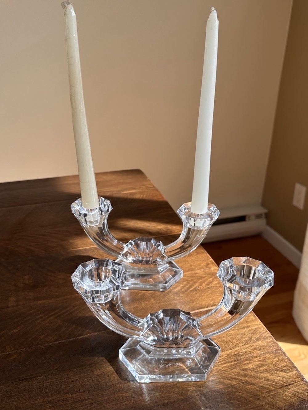 Val Saint Lambert Crystal Double-Arm Candle Holders Pair Belgium Signed Clear